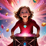 **Prompt 1: The Magic of Transformation and Imagination**
    A whimsical and fantastical scene. Young Sophie, with a joyful expression, is in the process of transforming into her superhero alter-ego, Ruby. Glowing magical energy emanates from her, with elements of Ruby's outfit and features subtly appearing. A mystical "magic box" is visible nearby, sparkling. Surrounding her, a diverse group of children watch with wide-eyed wonder and awe, their faces reflecting excitement and inspiration, as if their own dreams are taking flight. The background is soft and dreamlike, filled with ethereal colors.