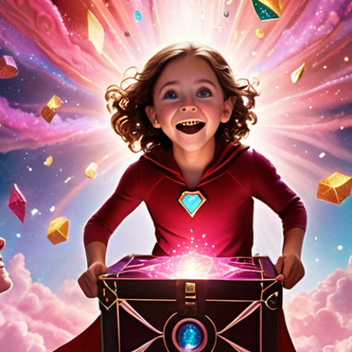 Home 25 **Prompt 1: The Magic of Transformation and Imagination**
A whimsical and fantastical scene. Young Sophie, with a joyful expression, is in the process of transforming into her superhero alter-ego, Ruby. Glowing magical energy emanates from her, with elements of Ruby's outfit and features subtly appearing. A mystical "magic box" is visible nearby, sparkling. Surrounding her, a diverse group of children watch with wide-eyed wonder and awe, their faces reflecting excitement and inspiration, as if their own dreams are taking flight. The background is soft and dreamlike, filled with ethereal colors.