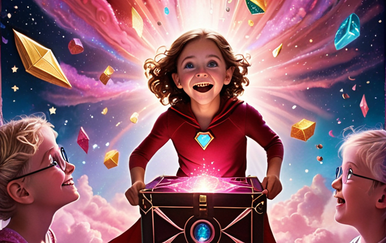 **Prompt 1: The Magic of Transformation and Imagination**
A whimsical and fantastical scene. Young Sophie, with a joyful expression, is in the process of transforming into her superhero alter-ego, Ruby. Glowing magical energy emanates from her, with elements of Ruby's outfit and features subtly appearing. A mystical "magic box" is visible nearby, sparkling. Surrounding her, a diverse group of children watch with wide-eyed wonder and awe, their faces reflecting excitement and inspiration, as if their own dreams are taking flight. The background is soft and dreamlike, filled with ethereal colors.