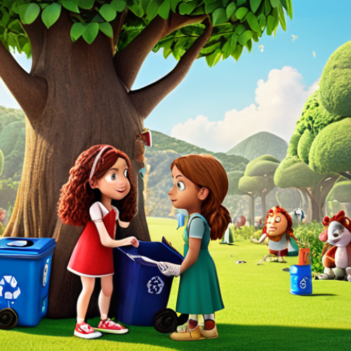 Home 24 Cartoon scene of Sophie and Ruby teaching kids about the importance of recycling with fun characters, emphasizing Ruby explaining recycling and Sophie highlighting the importance of planting trees.