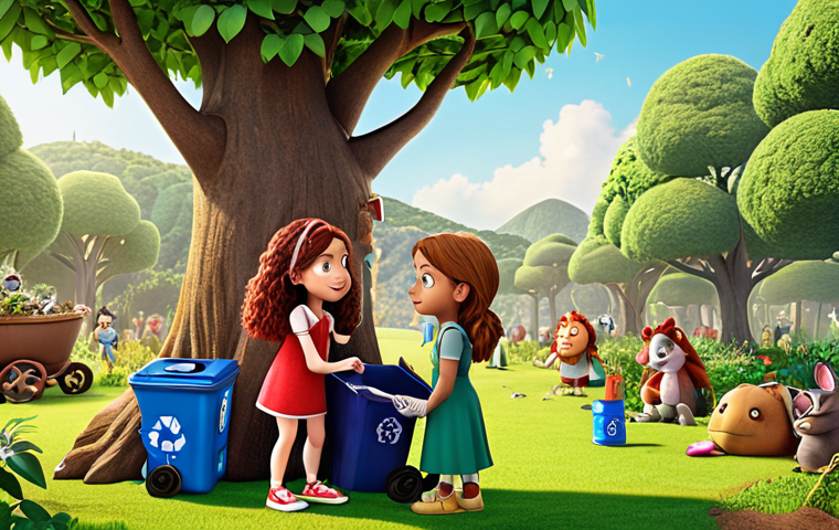 Cartoon scene of Sophie and Ruby teaching kids about the importance of recycling with fun characters, emphasizing Ruby explaining recycling and Sophie highlighting the importance of planting trees.
