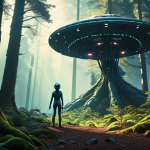 Sophie and Ruby discovering a hidden spaceship in a forest with glowing trees, meeting a friendly alien.