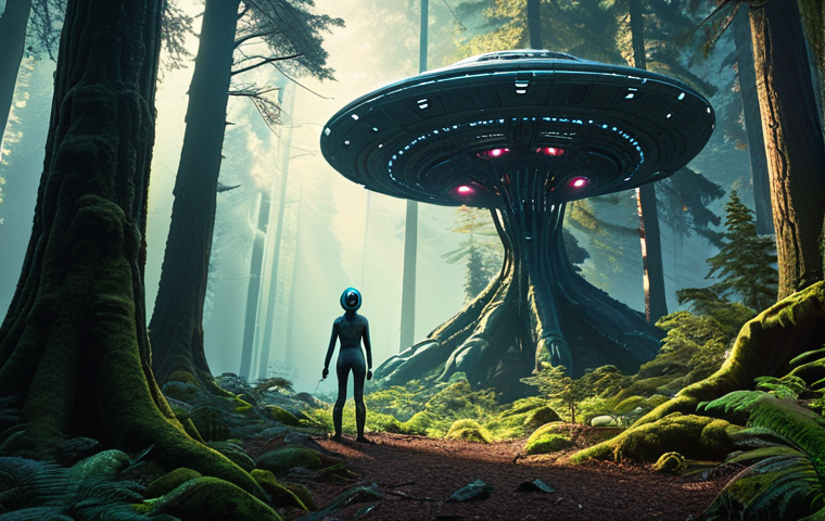 Sophie and Ruby discovering a hidden spaceship in a forest with glowing trees, meeting a friendly alien.