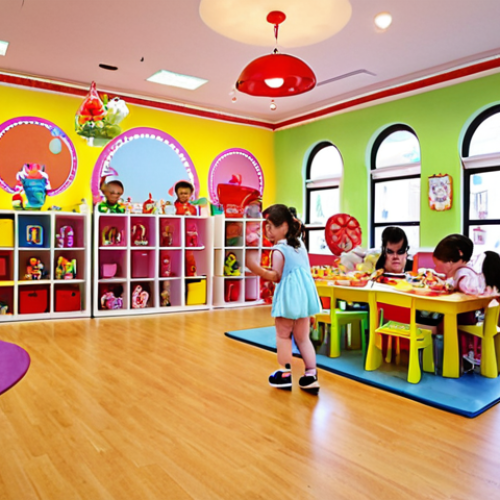 Home 11 **
A vibrant and joyful scene inside the "Sophie Ruby Kids Cafe". Children are actively engaged in various activities: playing with toys, drawing colorful pictures, and participating in a lively dance competition. In the background, show a clean and safe play environment with experienced supervisors ensuring the children's well-being. The overall atmosphere should be fun, educational, and safe.
**