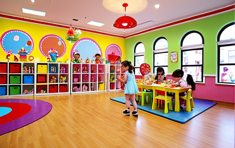 **
A vibrant and joyful scene inside the "Sophie Ruby Kids Cafe". Children are actively engaged in various activities: playing with toys, drawing colorful pictures, and participating in a lively dance competition. In the background, show a clean and safe play environment with experienced supervisors ensuring the children's well-being. The overall atmosphere should be fun, educational, and safe.
**
