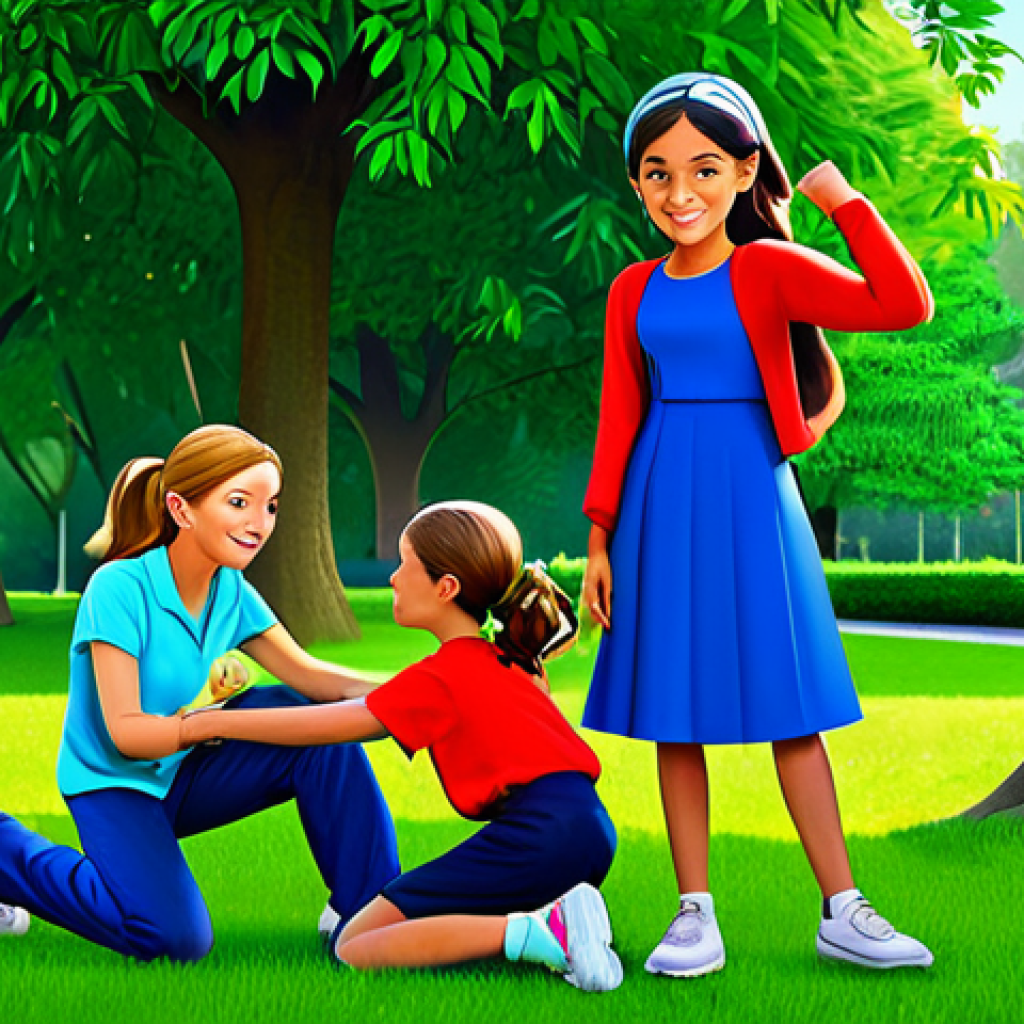 **
"A bright and cheerful cartoon-style image of a young girl, fully clothed in modest, colorful attire, confidently solving a problem with her friends in a lush, green park. The scene should emphasize teamwork and determination, safe for work, appropriate content, perfect anatomy, natural proportions, family-friendly illustration."
**