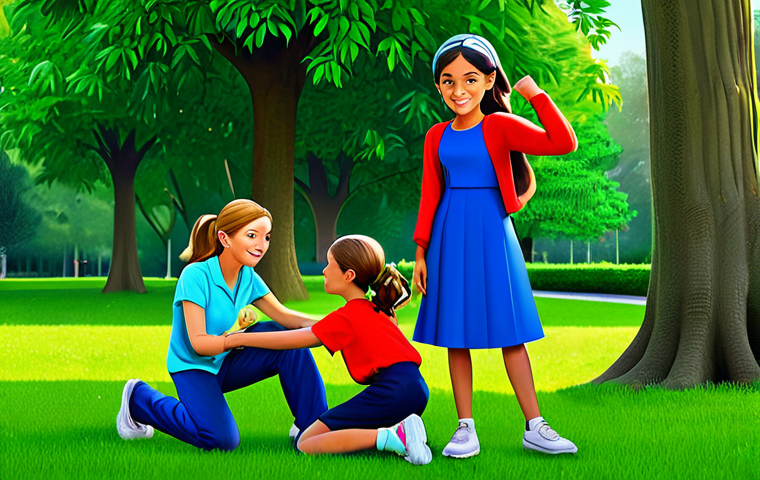 **

"A bright and cheerful cartoon-style image of a young girl, fully clothed in modest, colorful attire, confidently solving a problem with her friends in a lush, green park. The scene should emphasize teamwork and determination, safe for work, appropriate content, perfect anatomy, natural proportions, family-friendly illustration."

**