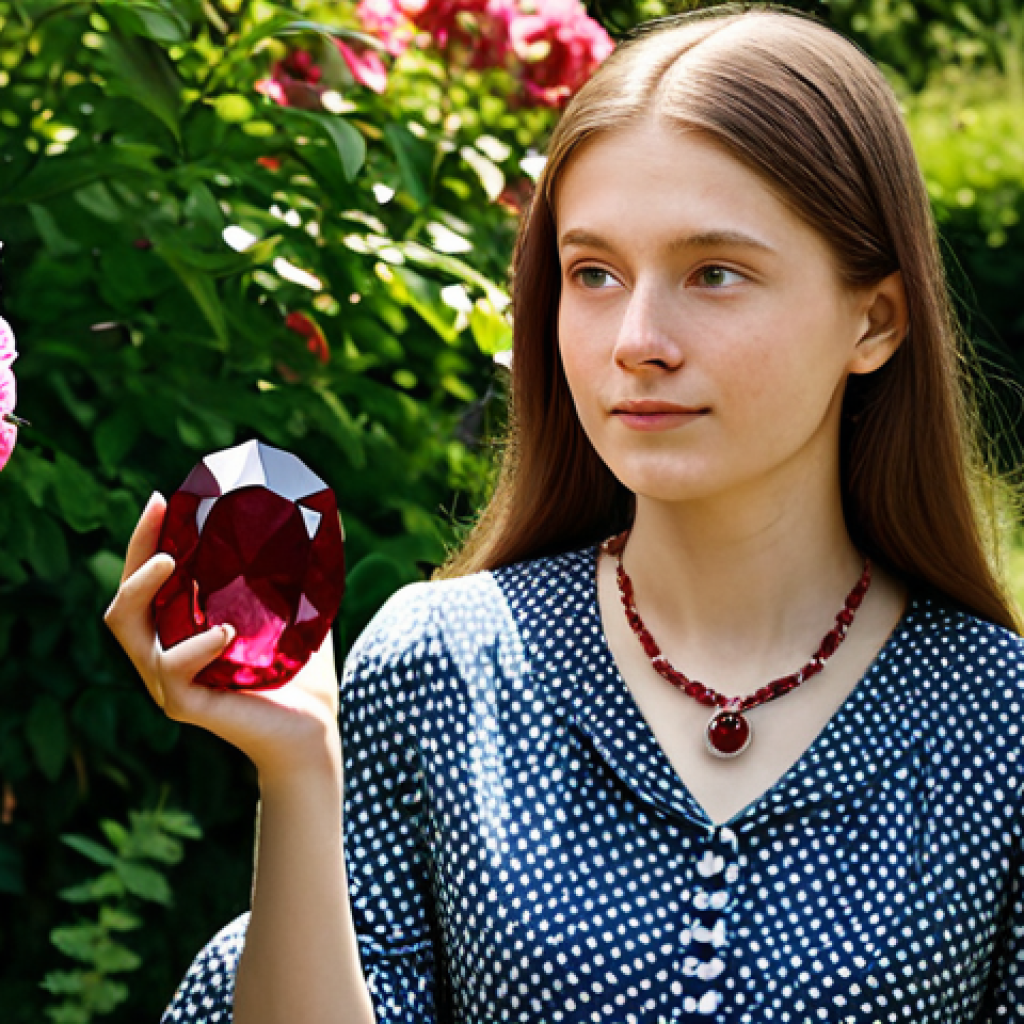 **
A young woman, Sophie, fully clothed in a modest, flowing dress, holding a beautiful ruby stone pendant. She is standing in a sunlit garden, surrounded by blooming flowers. The expression on her face is thoughtful and kind. Safe for work, appropriate content, professional, perfect anatomy, natural proportions, family-friendly.
**