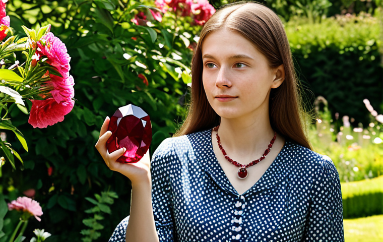 **
A young woman, Sophie, fully clothed in a modest, flowing dress, holding a beautiful ruby stone pendant. She is standing in a sunlit garden, surrounded by blooming flowers. The expression on her face is thoughtful and kind. Safe for work, appropriate content, professional, perfect anatomy, natural proportions, family-friendly.
**