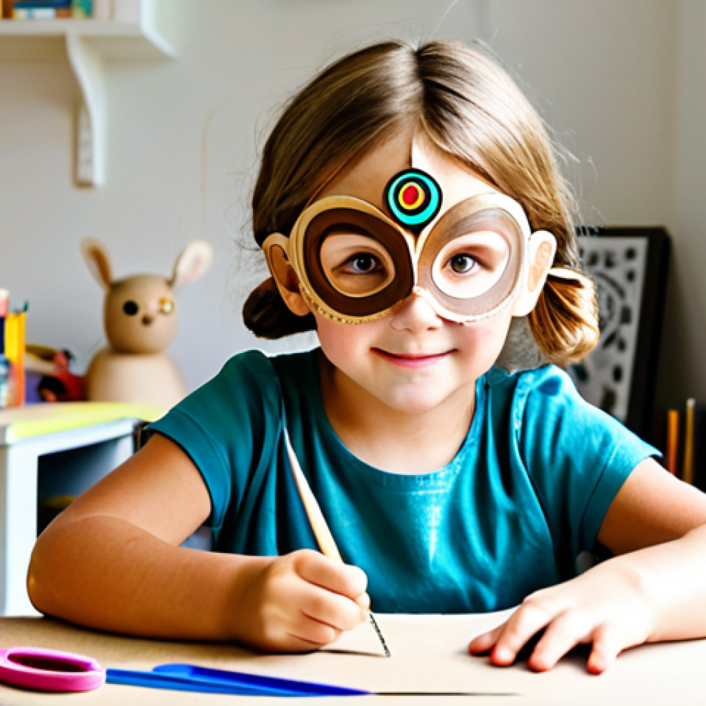 Crafting a Sophie Mask**
"A child carefully crafting a Sophie mask from cardboard and colorful paper. She's using safety scissors under the supervision of a parent. The scene is a brightly lit craft room with various art supplies scattered around. The mask is partially completed, showing Sophie's oval face shape and big, friendly eyes. Safe for work, appropriate content, fully clothed, family-friendly, perfect anatomy (for the child), natural proportions, professional photography, high quality."
**