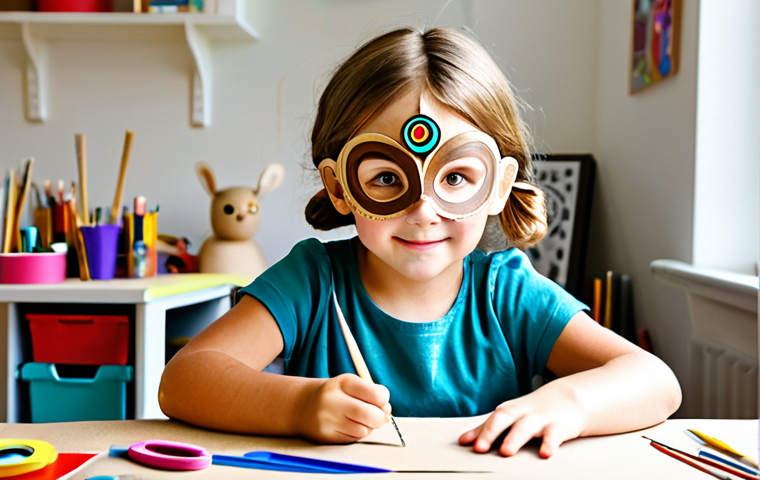 Crafting a Sophie Mask**
"A child carefully crafting a Sophie mask from cardboard and colorful paper. She's using safety scissors under the supervision of a parent. The scene is a brightly lit craft room with various art supplies scattered around. The mask is partially completed, showing Sophie's oval face shape and big, friendly eyes. Safe for work, appropriate content, fully clothed, family-friendly, perfect anatomy (for the child), natural proportions, professional photography, high quality."
**