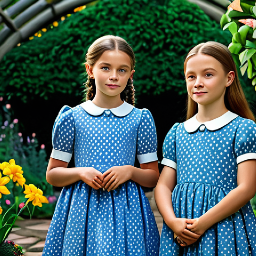 **
Two twin sisters, Sophie and Ruby, fully clothed in matching modest dresses with unique designs, standing in a lush magical garden filled with glowing flowers, safe for work, appropriate content, perfect anatomy, natural proportions, family-friendly, high quality illustration.
**