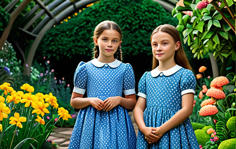 **
Two twin sisters, Sophie and Ruby, fully clothed in matching modest dresses with unique designs, standing in a lush magical garden filled with glowing flowers, safe for work, appropriate content, perfect anatomy, natural proportions, family-friendly, high quality illustration.
**