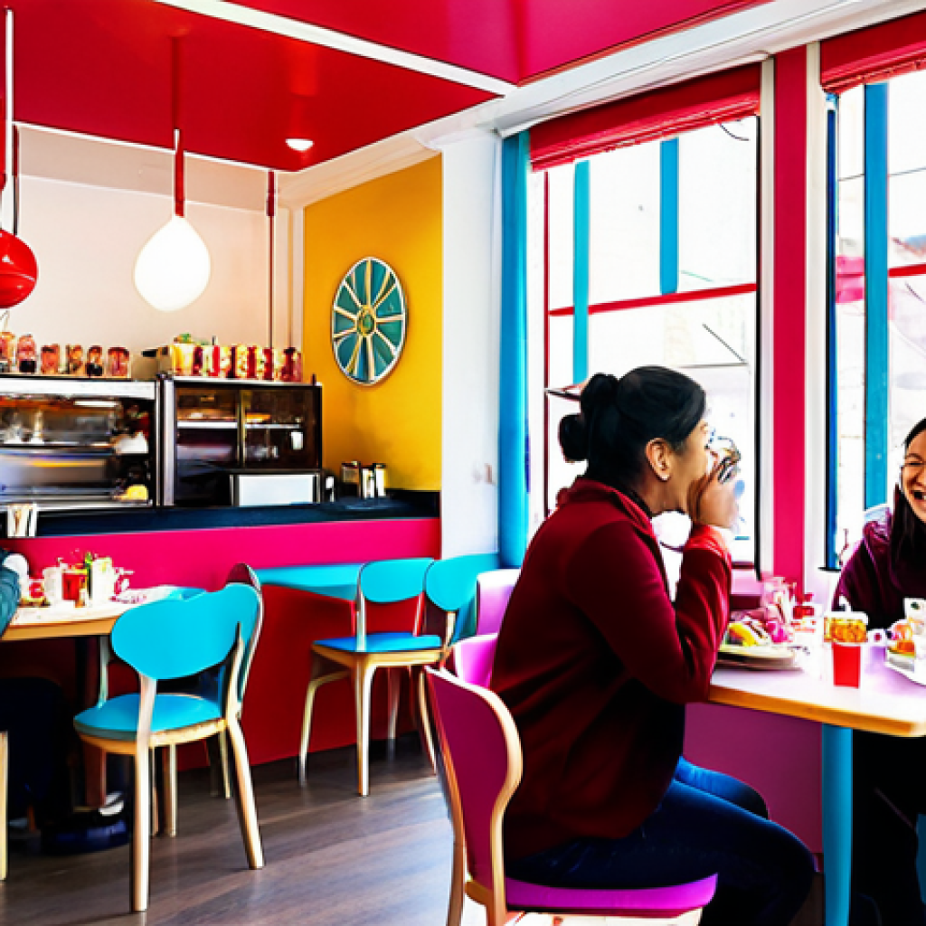 "A brightly lit interior of 'Sophie Ruby Cafe', featuring colorful Sophie Ruby themed decorations, fully clothed patrons enjoying food and drinks at tables, kids playing in a designated 'Kids Zone', safe for work, appropriate content, family-friendly, professional photography, perfect anatomy, correct proportions, natural pose, well-formed hands, proper finger count, natural body proportions."