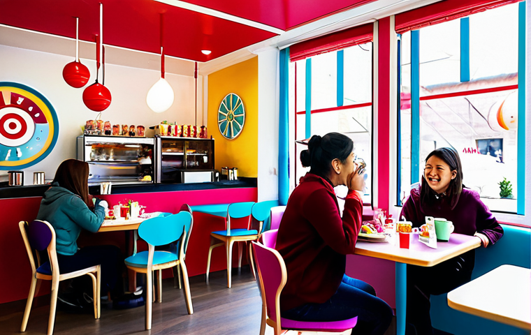 "A brightly lit interior of 'Sophie Ruby Cafe', featuring colorful Sophie Ruby themed decorations, fully clothed patrons enjoying food and drinks at tables, kids playing in a designated 'Kids Zone', safe for work, appropriate content, family-friendly, professional photography, perfect anatomy, correct proportions, natural pose, well-formed hands, proper finger count, natural body proportions."