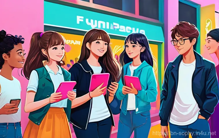 소피루비 팬 커뮤니티의 이벤트 - **Vibrant Fan Art Gallery Opening:** A bustling, brightly lit digital art gallery where a diverse gr...